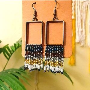 Metallic Gradient Block Beaded Fringe Earrings